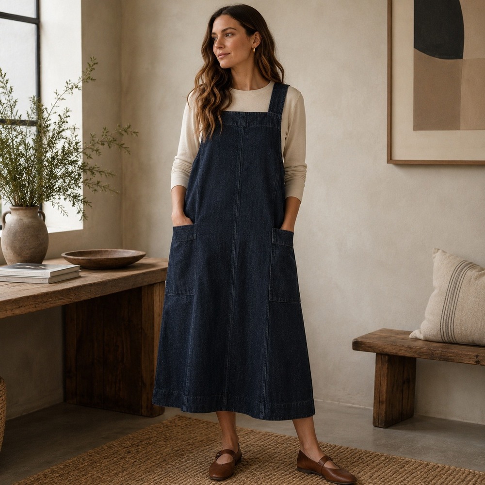 Toast Womens Denim Pinafore Apron Dress Sz 16 Dark Wash Midi Minimalist
